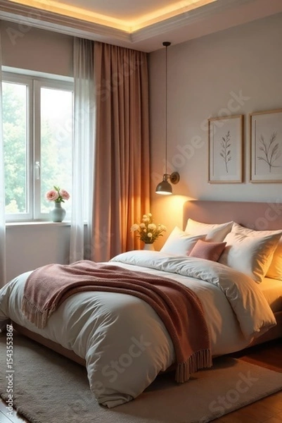 Fototapeta Serene and calming mommy bedroom interior, featuring soft lighting, plush bedding, and a cozy atmosphere perfect for relaxation and rest , serene, style, cozy