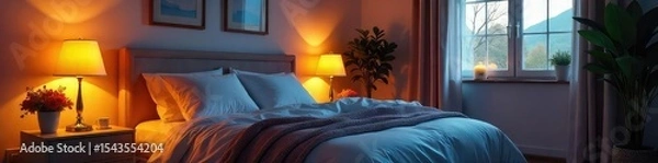 Fototapeta Serene bedroom illuminated by soft, warm ambient lighting Perfect for relaxation and a peaceful night's sleep Ideal for interior design, home decor, and real estate websites , illumination, minimal