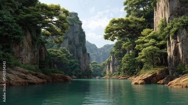 Fototapeta Serene river gorge with lush green vegetation and towering rock formations