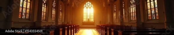 Fototapeta Serene church interior bathed in sunlight, stained glass illuminating the quiet sanctuary, conveying peace and spirituality , reflection, religious building