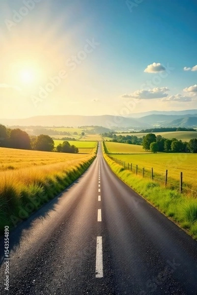 Fototapeta Serene country road stretching towards a distant horizon, sun-drenched fields and rolling hills under a clear sky Perfect for travel, nature, or rural themes , distant, hills, country road