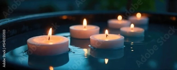 Fototapeta Serene floating candles in a dark blue water basin, reflecting soft light and creating a tranquil ambiance Perfect for spa, relaxation, or meditation themes , blue, still life