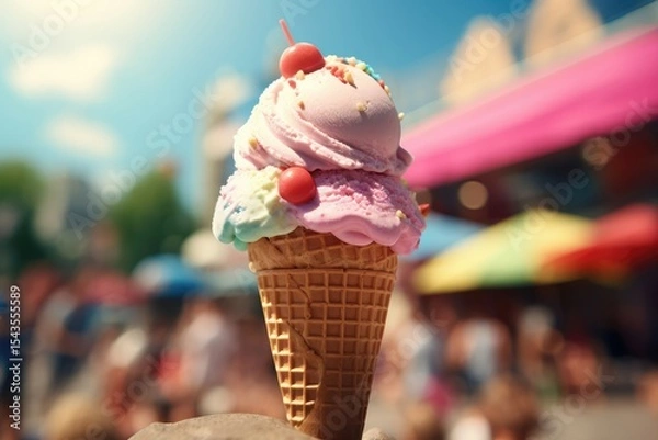 Fototapeta delicious soft ice cream in crispy cone with sprinkles