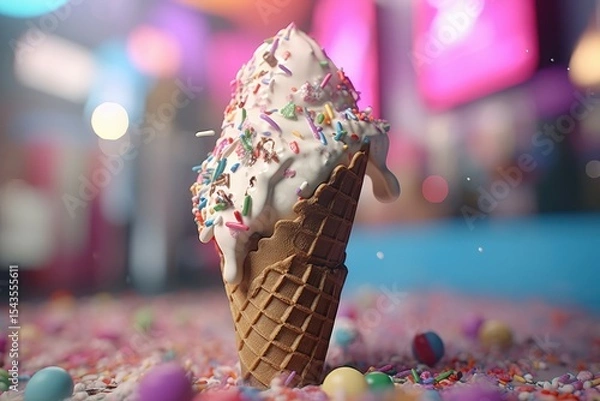 Fototapeta delicious soft ice cream in crispy cone with sprinkles