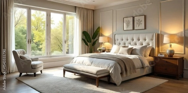 Fototapeta Serene master bedroom with plush bedding, elegant decor, and large windows offering natural light Perfect for relaxation and peaceful sleep , peaceful, windows, natural light