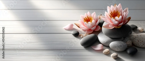 Fototapeta Pink lotus flowers on zen stones with soft light on wooden surface. Concept of spa relaxation, inner peace, and natural wellness aesthetics