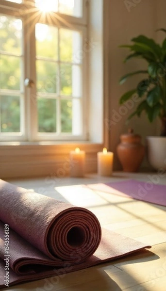 Fototapeta Serene scene of sunlit yoga studio with mats rolled up, candles, crystals, and calming decor, ideal for promoting mindfulness and relaxation , light, concentration
