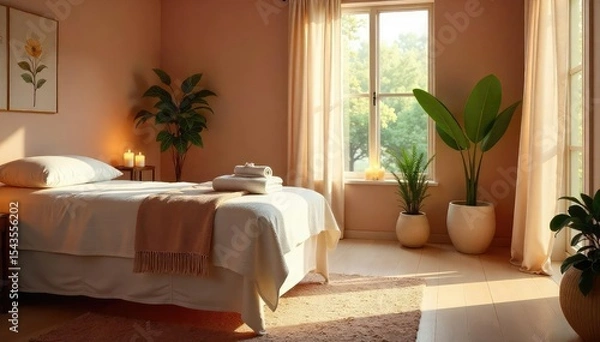 Fototapeta Serene spa treatment room, featuring calming colors, natural light, and aromatic candles, ready for a healing session Perfect for promoting relaxation and wellness services , spa, balance