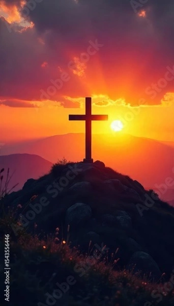 Fototapeta Silhouetted cross on a hilltop at sunset, symbolizing hope, faith, and redemption in the Christian faith A powerful image of spiritual peace and the promise of salvation , nature, belief