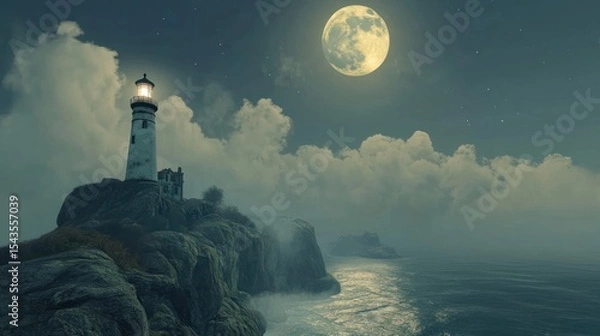 Fototapeta Misty coastal night scene with lighthouse