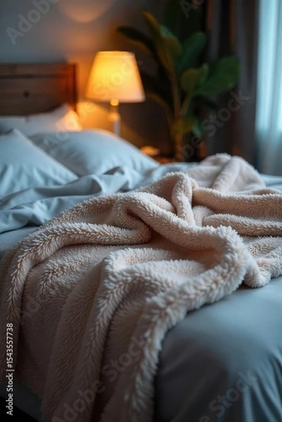 Fototapeta Soft, cozy fleece blanket draped over a bed, ready for a restful night's sleep Perfect for chilly evenings and adding warmth and comfort to any bedroom , comfortable, interior, warm
