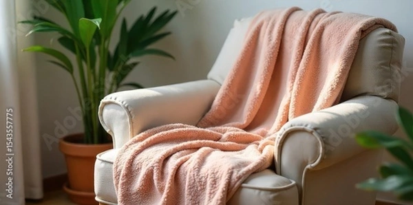 Fototapeta Soft, plush blanket draped over a cozy armchair, evoking feelings of warmth, comfort, and gentle serenity Perfect for home, family, and relaxation themes , safe, soothing, gentle