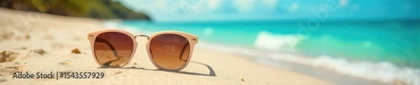 Fototapeta Stylish sunglasses resting on a vibrant, sun-drenched beach scene, capturing the essence of summer and relaxation Perfect for travel, vacation, and summer themed projects , holiday, orange