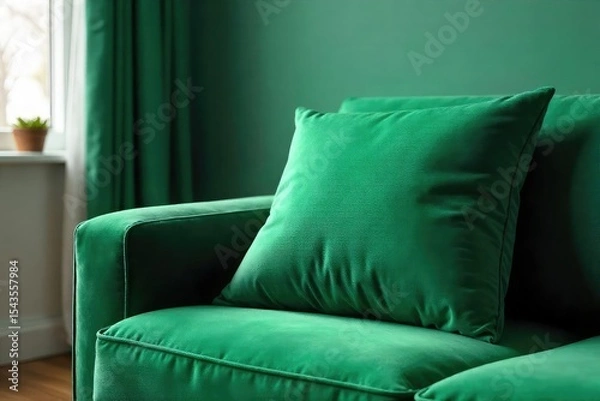 Fototapeta Stylish velvet cushion in emerald green, adding a touch of luxury and comfort to any interior Perfect for sofas, armchairs, or beds Rich texture and vibrant color , emerald, accent pillow