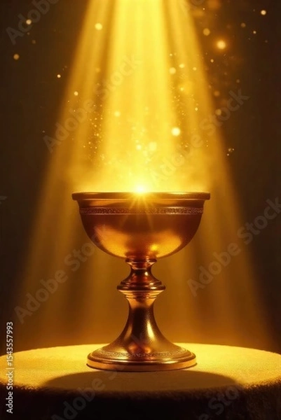 Fototapeta Sunbeams illuminate a golden chalice overflowing with radiant light, symbolizing spiritual enlightenment and divine grace; a concept of pure, golden spirituality , holy, awakening