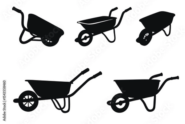 Fototapeta Wheelbarrow Silhouette Set for Gardening and Construction Projects on White Background