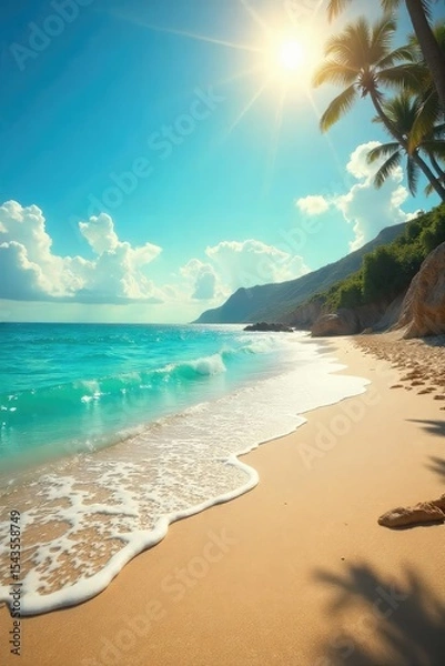 Fototapeta Sun-drenched beach scene, vibrant summer colors, suggesting the fleeting nature of fame and the pursuit of idyllic summer moments , waves, success, fame