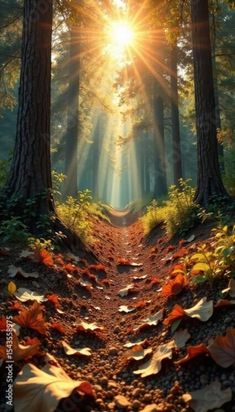 Fototapeta Sun-drenched forest floor, dry leaves crackling under the intense summer heat A landscape of parched earth and wilting vegetation reveals the impact of extreme temperatures , summer, forest