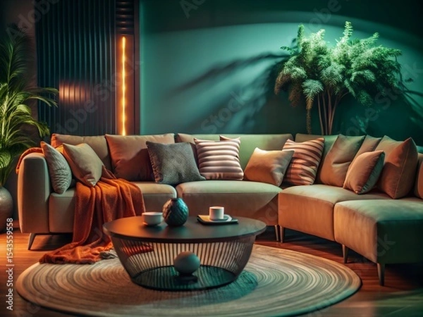Fototapeta A cozy living room with a large sectional sofa and a round coffee table under soft lighting ambiance 3d render
