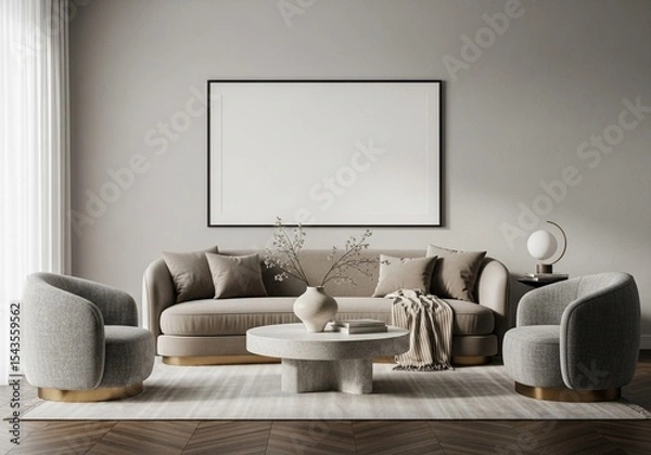 Fototapeta A modern living room with a beige sofa two armchairs and a blank picture frame on the wall above it 3d render