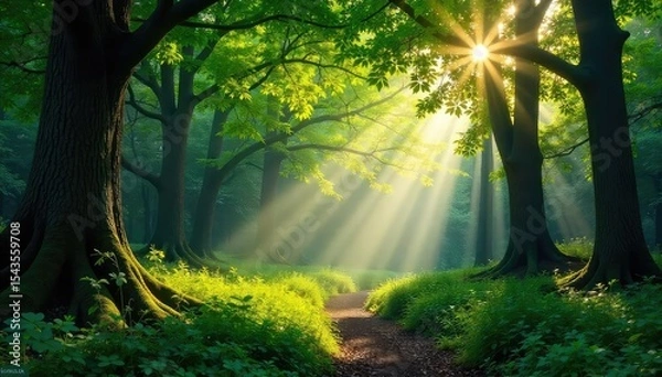 Fototapeta Sunlight dapples through the canopy of a lush forest woodland, illuminating the vibrant green undergrowth and ancient trees A peaceful scene of nature's tranquility , undergrowth, sunlight