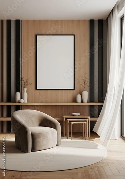 Fototapeta A modern living room with a beige chair, a blank picture frame, and neutral toned decorations and furniture 3d render