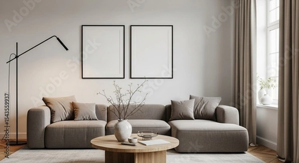 Fototapeta Living room with a gray sectional sofa, two blank framed posters, and a floor lamp near the wall 3d render