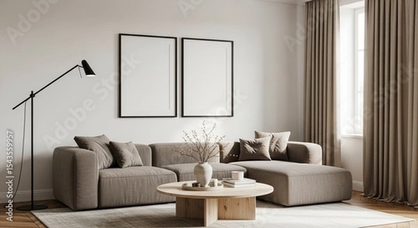 Fototapeta A modern living room with a beige sofa, a round coffee table, and two framed pictures on the wall 3d render