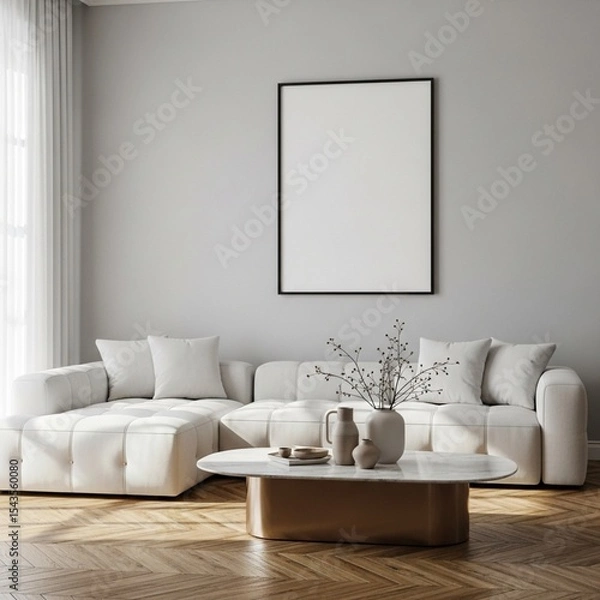 Fototapeta Interior view of a modern living room with white sofa, coffee table, and a blank frame on the wall 3d render