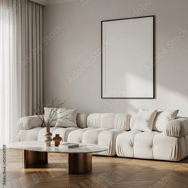 Fototapeta Interior design with a white sofa coffee table and a blank picture frame on a white wall space 3d render