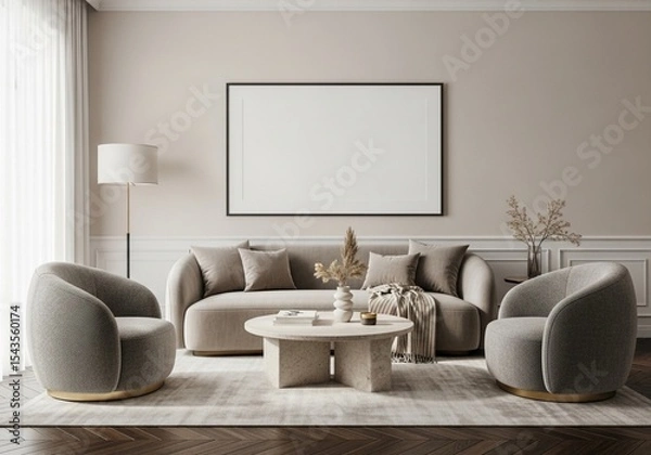 Fototapeta A living room with a sofa, two chairs, a coffee table, and a blank framed picture on the wall 3d render