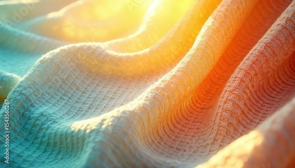 Fototapeta Sunlight streams through loosely woven summer fabric, creating a warm, textured background Perfect for textile, fashion, or summer-themed projects , calm, close-up, vacation