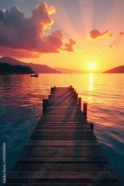 Fototapeta Tranquil scene of a wooden dock extending into calm waters, meeting a serene shoreline at sunset Perfect for travel, nature, or relaxation themes , vacation, water