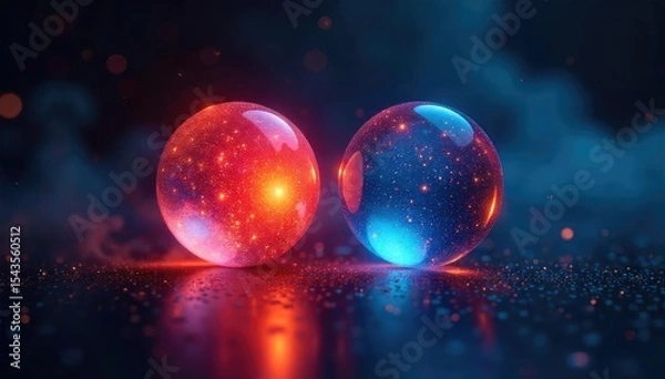 Fototapeta Two glowing orbs illuminate a dark space, representing the concept of peer-to-peer support and shared illumination The soft light suggests collaboration and mutual assistance , concept, glow