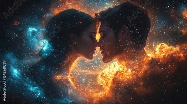 Fototapeta Young couple with brown hair embracing under the stars, glowing faces, surrounded by galaxies and cosmic background, fantasy art style, hyper-realistic, cinematic, sharp focus.