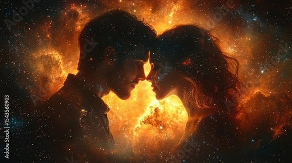 Fototapeta Young couple with brown hair embracing under the stars, glowing faces, surrounded by galaxies and cosmic background, fantasy art style, hyper-realistic, cinematic, sharp focus.