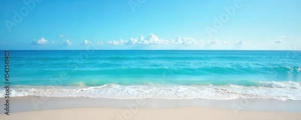 Fototapeta Vast, unending ocean horizon stretching to the sky Calm waves gently lap the shore under a clear blue sky Perfect for travel, nature, and serenity themes , idyllic, outdoors, sunlight
