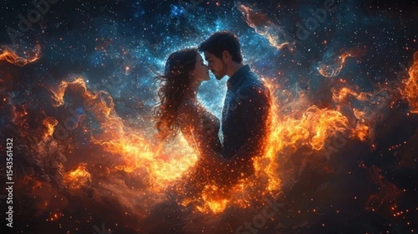 Fototapeta Young couple with brown hair embracing under the stars, glowing faces, surrounded by galaxies and cosmic background, fantasy art style, hyper-realistic, cinematic, sharp focus.
