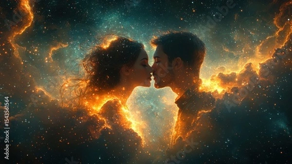 Fototapeta Young couple with brown hair embracing under the stars, glowing faces, surrounded by galaxies and cosmic background, fantasy art style, hyper-realistic, cinematic, sharp focus.