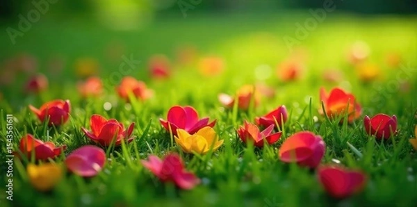 Fototapeta Vibrant, fallen flower petals scattered on lush green grass after a spring rain shower Perfect for nature, spring, and floral themes , background, blooms, shadow