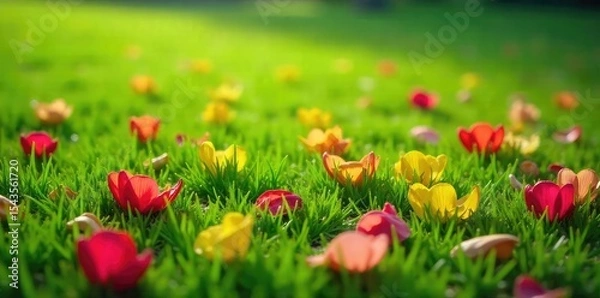 Fototapeta Vibrant, fallen flower petals scattered on lush green grass after a spring rain shower Perfect for nature, spring, and floral themes , macro, beautiful
