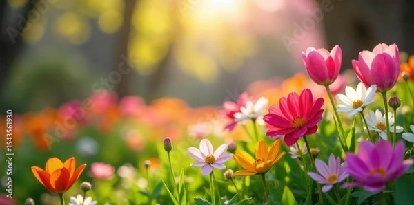 Fototapeta Vibrant spring blossoms in a sun-drenched garden bursting with color; a cheerful scene of renewal and growth, perfect for springtime themes , sunlight, red