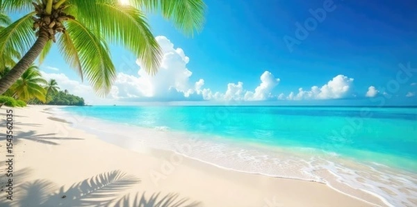 Fototapeta Vibrant summer scene featuring sun-drenched beach, turquoise ocean waves lapping the shore, and a bright blue sky Perfect for travel, vacation, and summer holiday themes , waves, joyful