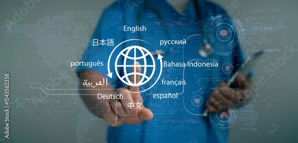 Fototapeta Doctor interacting with multilingual interface for medical translation AI language support communication system healthcare innovation global connection and international information network