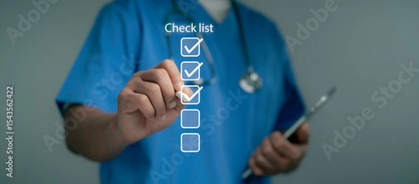 Fototapeta Doctor writing digital checklist interface for medical task management health monitoring workflow planning healthcare innovation system support organization and data tracking