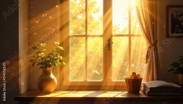 Fototapeta Warm sunlight streams through a bright windowpane, illuminating dust motes dancing in the golden rays Perfect for home, comfort, and spring themes , warm, light, daytime
