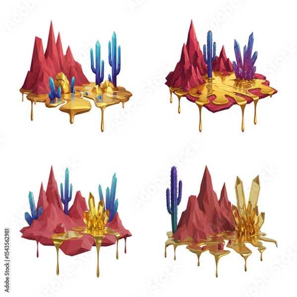 Fototapeta Floating golden islands red mountains cacti crystals liquid dripping, fantasy environment isolated elements geometric formations.