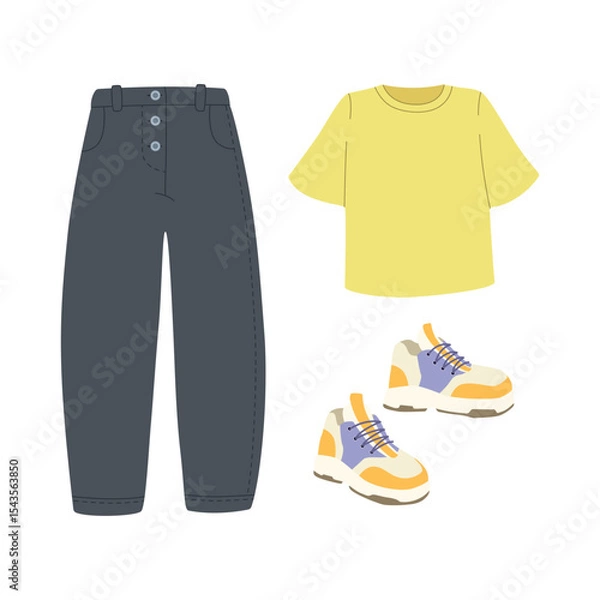 Fototapeta Modern hand drawn clothes outfit with yellow and grey jeans, shirt and sneakers shopping illustration. Trendy flat design for e-commerce retail projects. Simple vector art for digital and print use