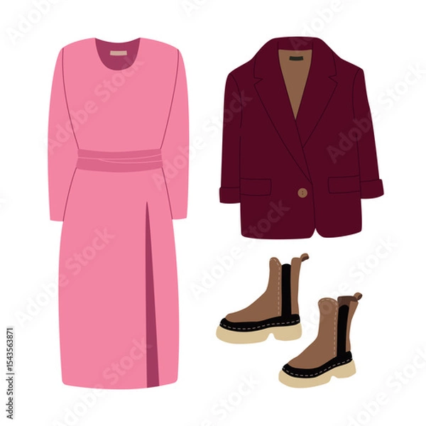 Fototapeta Modern hand drawn clothes outfit with pink dress, dark red jacket and shoes shopping illustration. Trendy flat design for e-commerce retail projects. Simple vector art for digital and print use