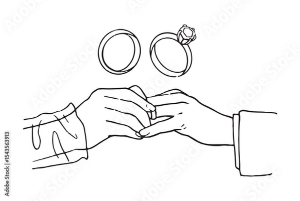 Fototapeta Vector hand drawn trendy summer wedding rings and hands proposal outline illustration. Elegant flat minimalist hand drawn modern art for wedding invitations, menu, graphics and design